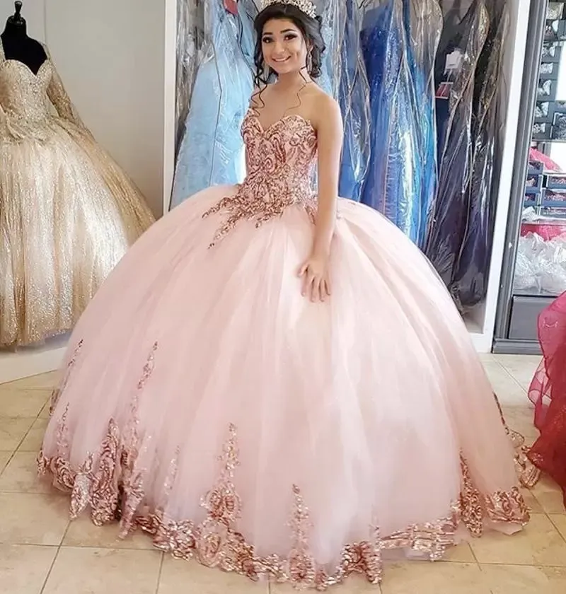 Robes quinceanera en dentelle en or rose