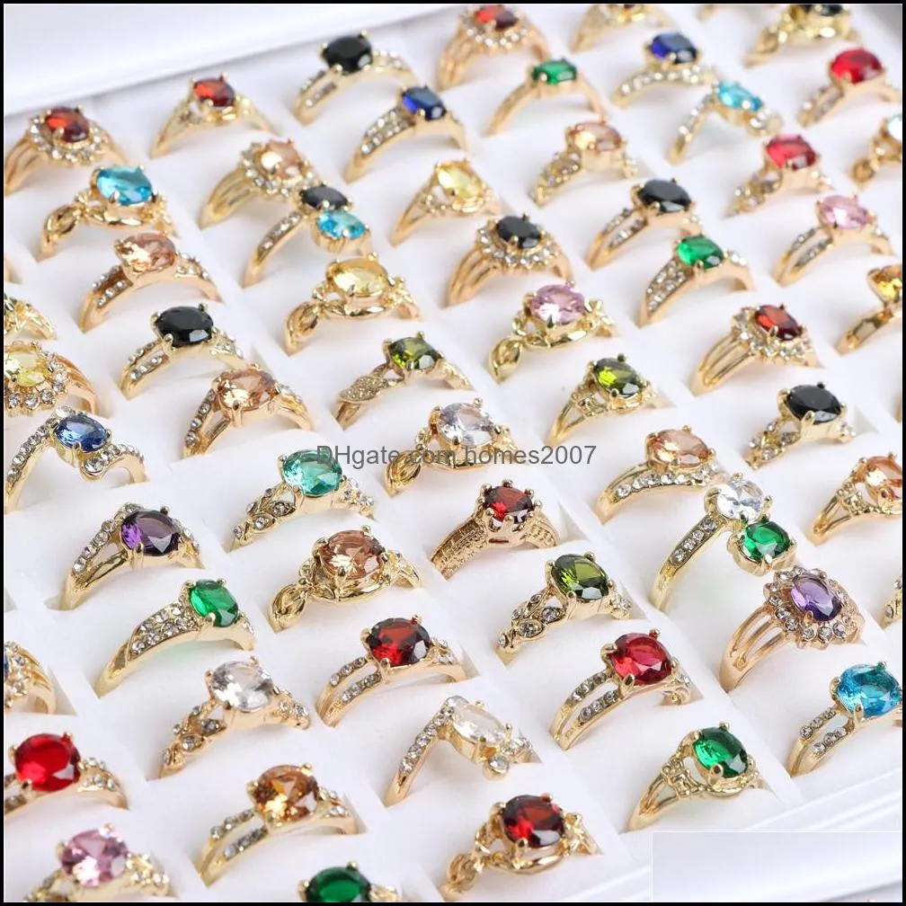 50Pcs/Lot Fashion Sparkling Zircon Gold Color Rings For Women Engagement Wedding Jewerly Colorful Party Gift Wholesale
