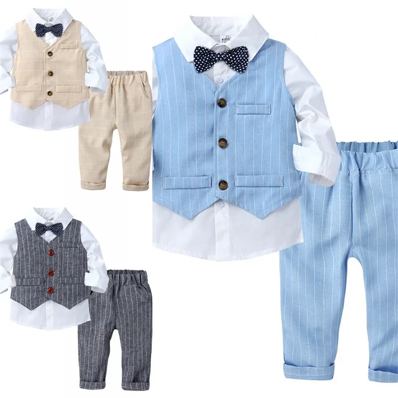 Spädbarn baby pojkar lång ärm skjorta västbyxor höst modekläder sätter 3 st barn pojke gentleman kläder kostymer 1457 e3