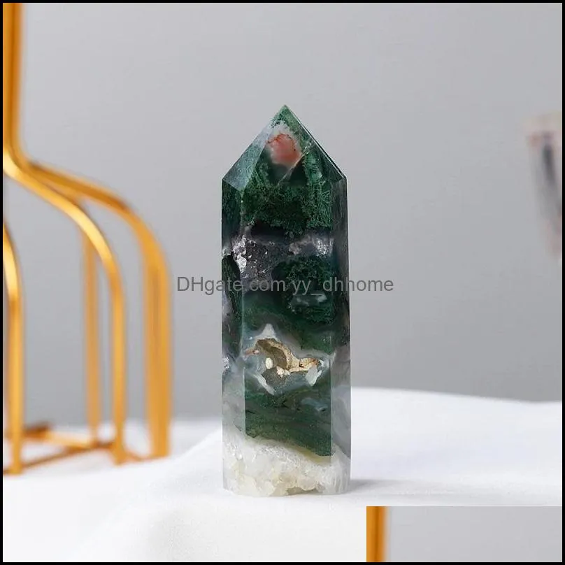 Natural Healing Crystal with hole original stone polished arts Moss Agate Crystal hexagonal column ornaments