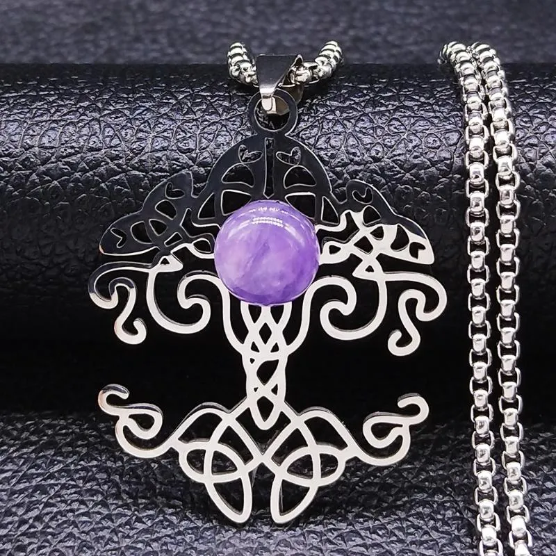 Pendant Necklaces Fashion Irish Knot Tree Of Life Stainless Steel Purple Crystal Chain Necklace Women Silver Color Jewelry Colliers N4429S04