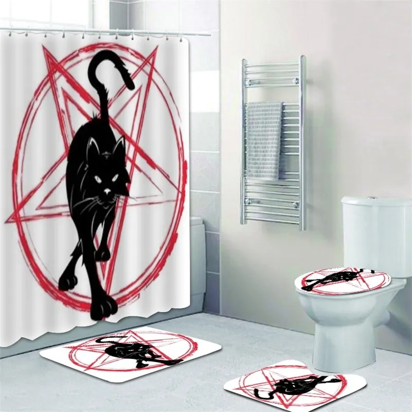 Satanic Baphomet Star Pentagram And Black Cat Shower Curtain And Bath