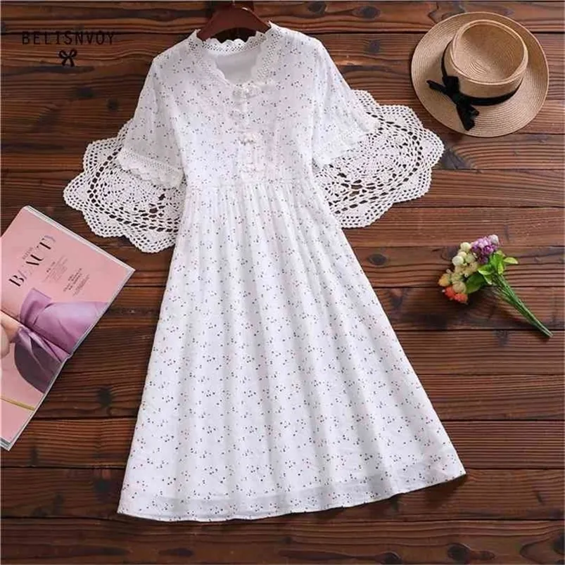 Summer Women Sweet Romantic Dress Lace V neck White Floral Printed Vestidos Longo Short Sleeve Korean Chic Cotton Dresses 210520