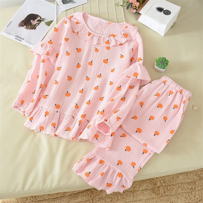 Pijama de costura impressa feminina Pijama de primavera no verão em casa roupas de roupa com gaze dupla lavada com algodão confortável e solto T200429