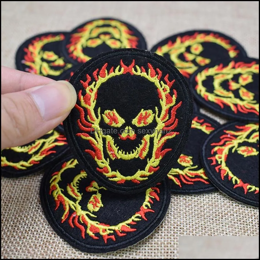 10pcs punk fire skull badges cooles for clothing iron embroidered applique iron ones sewing accessories diy