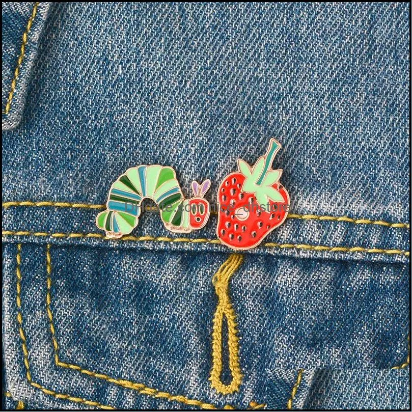 strawberry caterpillar enamel pin cartoon plant animal badge brooch lapel pin denim jeans shirt bag funny cute jewelry gift