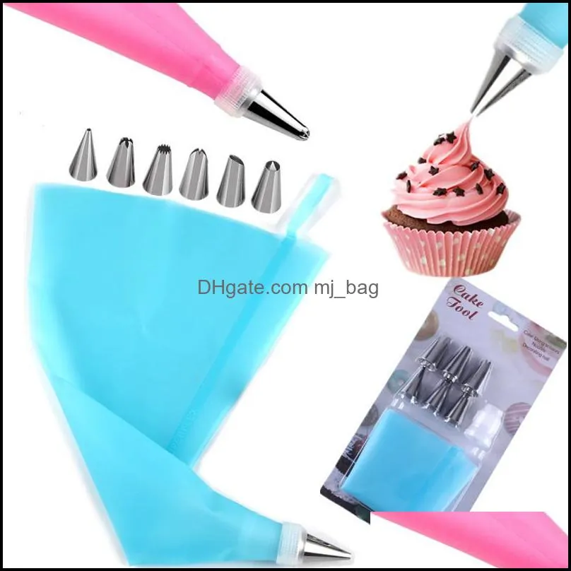 reusable silicone icing piping cream pastry bag+6 stainless steel baking tools cake nozzle diy cake decorating tips fondant