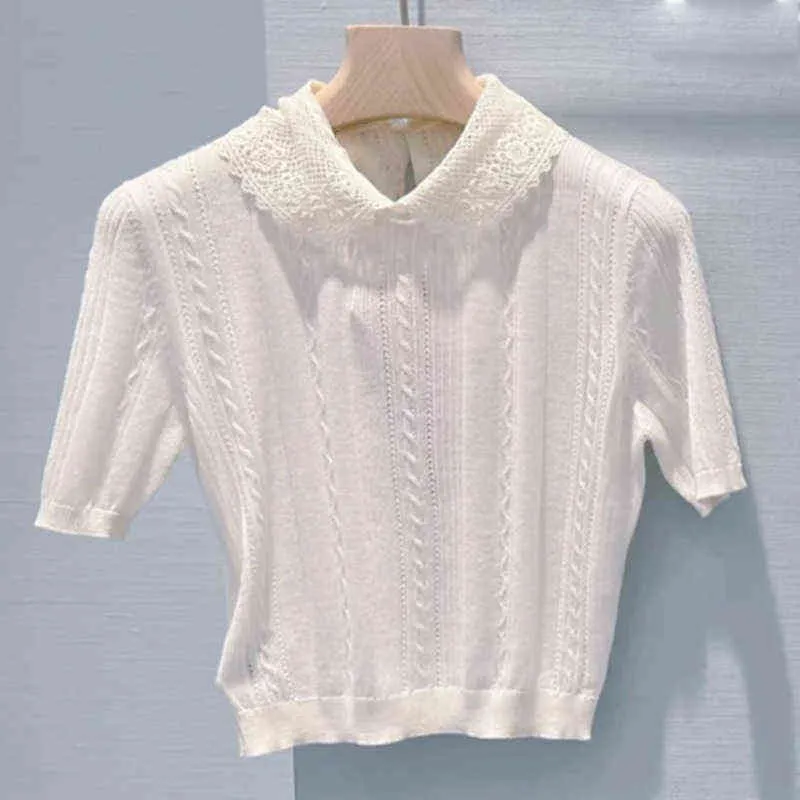 白い薄いセーターの手のかぎ針編みの人形首短袖アイスエラスティックセレブトップサマーニュースタイル
