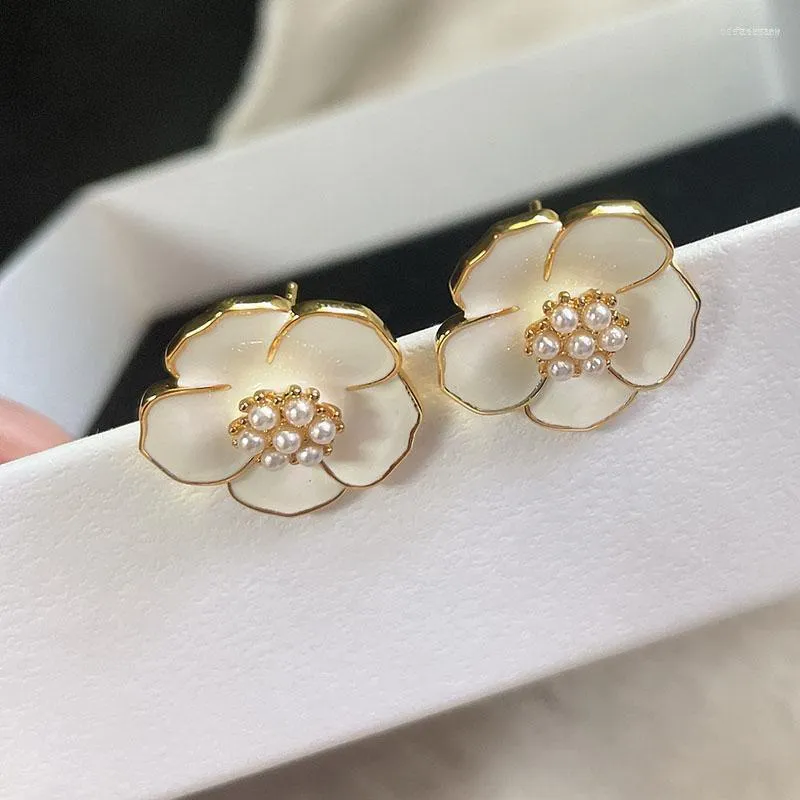 Stud White Pearl Camellia Earrings For Women Enamel Floral Party F Luxury Designer Jewelry Dainty Elegant JewelryStud Odet22 Farl22