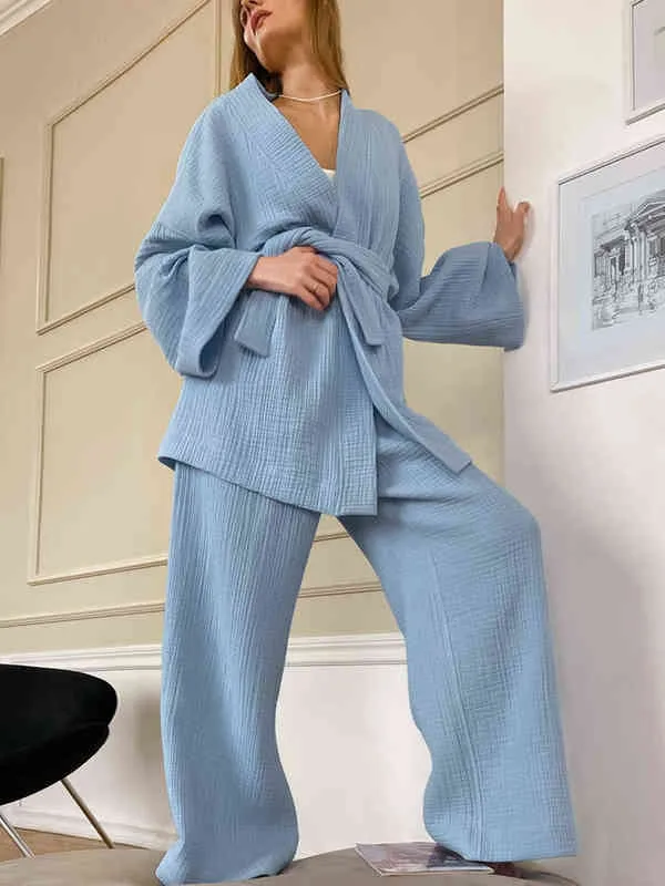 2022 New Women's Nightgown Robe Pajama Sets Flare Nightgown Trouser Suits Drop Sleeves Set 100% Cotton Woman 2 Pieces Bathrobe T220729