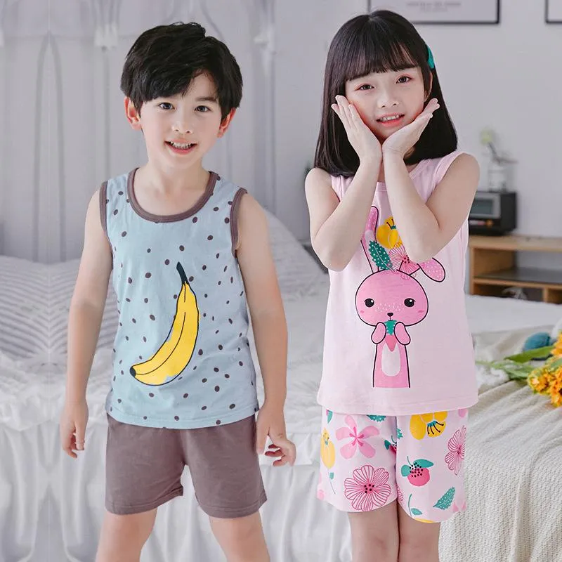 Conjuntos de Roupas Meninos Meninas Conjuntos de Roupas 2 a 3 4 5 6 7 8 9 10 Anos Verão Algodão Adolescente Roupa Infantil Banana Colete Calças 2PCSClothi