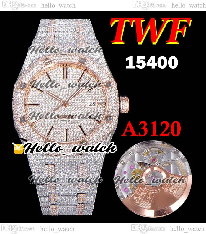 2022 V2 15400 A3120 Automatisk herrklocka med asfalterade diamanter Stick Markers Fullt Iced Out Diamond Watches Two Tone Rose Gold Steel Super Luxury Edition bling smycken