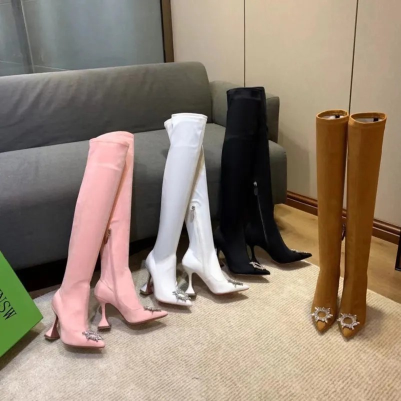 Amina Muadi Boots Kadın Tasarımcı Diz Önyükleme Saçlı Moda Uyluk Botları Siyah Çöl Botları Kış Gelinlik Ayakkabıları No389