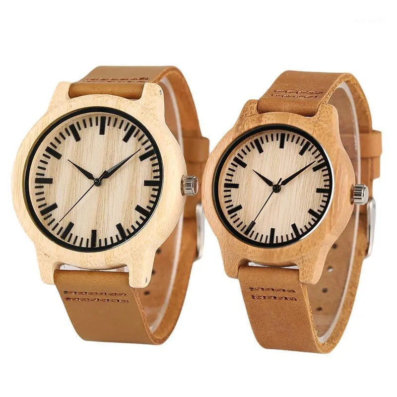 Orologi da polso Orologio da polso da donna minimalista Orologio da uomo fatto a mano in bambù unico Cinturino in vera pelle Orologio da coppia Regalo per amante del legno naturale