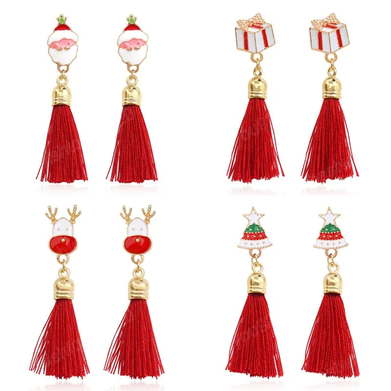 Fashion Christmas Dangle Earrings With Long Tassel Pendant Cute Funny Santa Claus Gift Box Elk Design Earrings Xmas Party Gifts