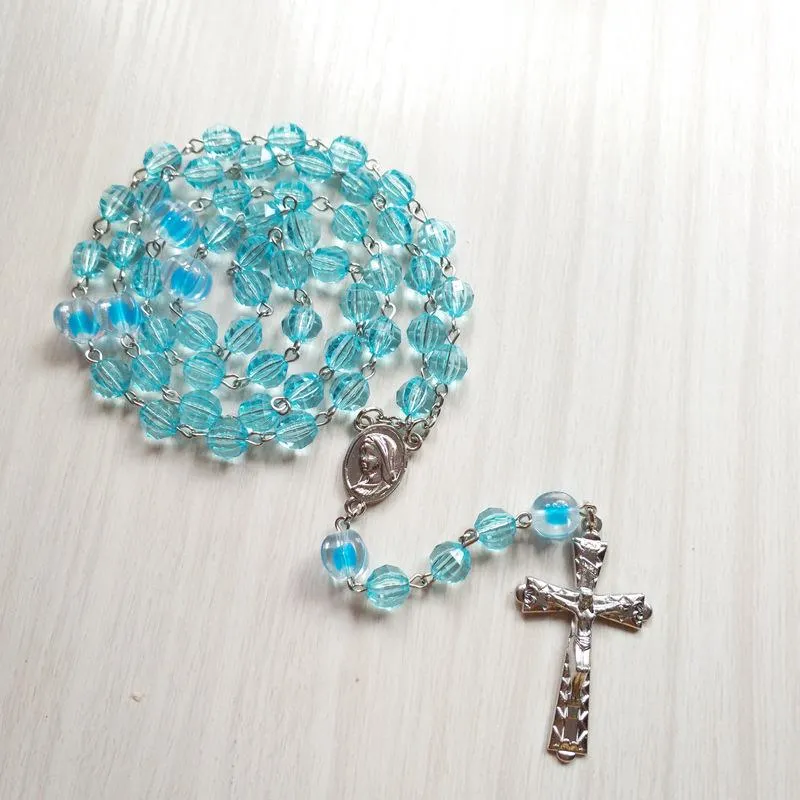 Подвесные ожерелья католические украшения длинный синий акриловый крест с розарием для мужчин Женские подарки
