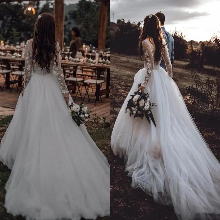 Boho country vestidos de casamento vestido de noiva mangas compridas plus size renda apliques vestido de novia 401 401