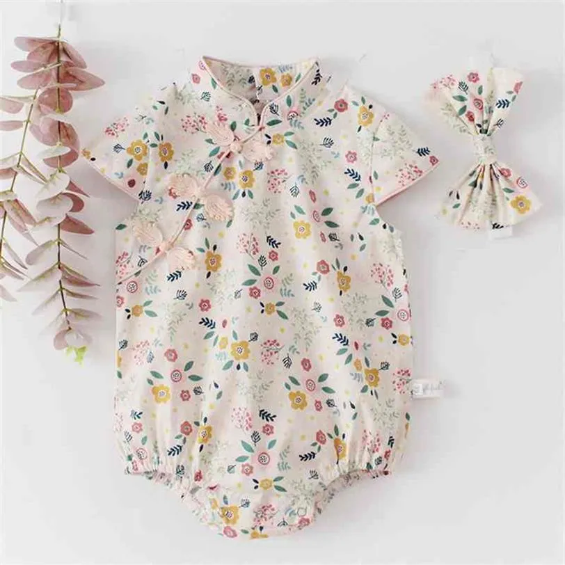 Summer Jumpsuit Girls Chinese style cheongsam Romper 0-3 Years Girl Cotton -born Baby Clothes 210417286h