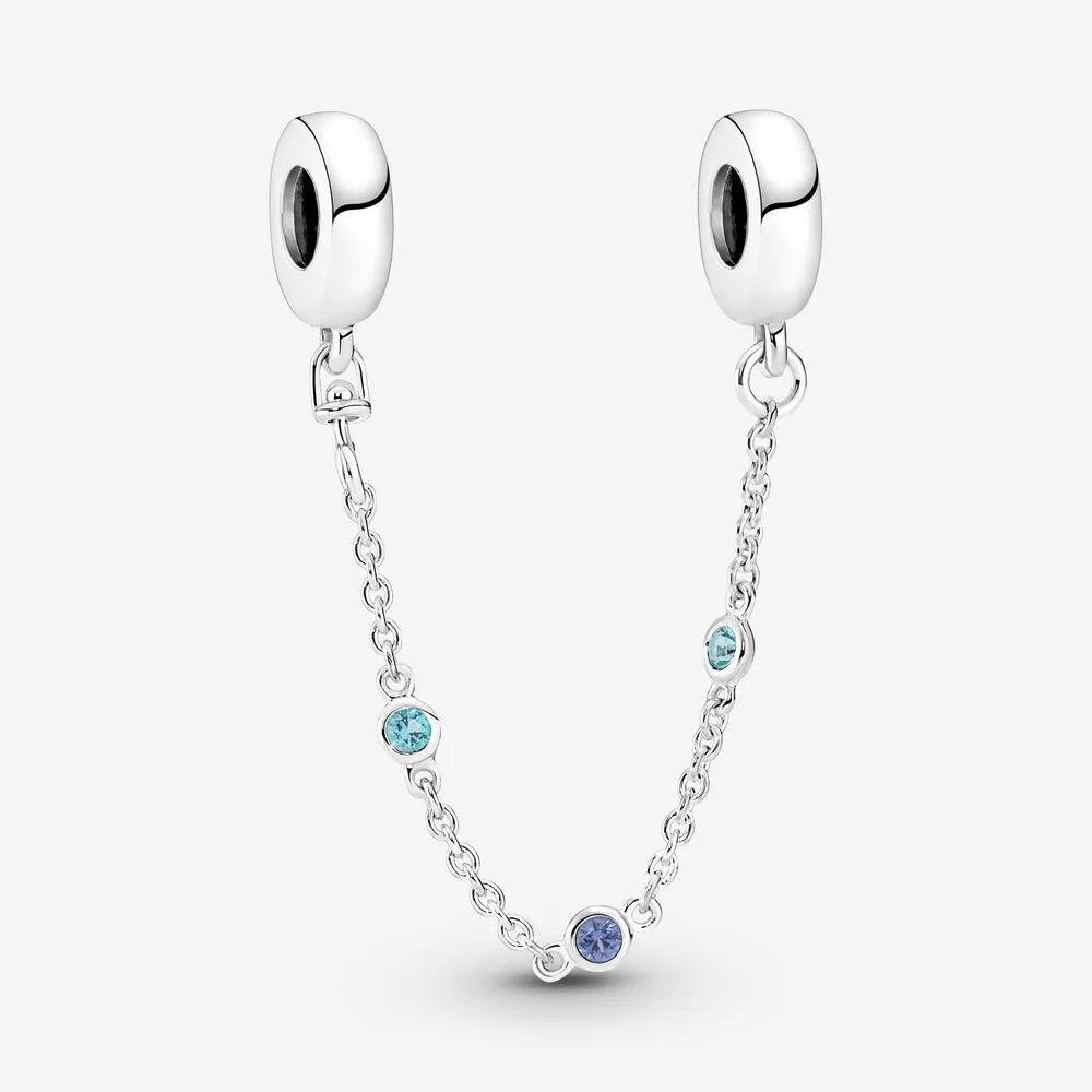 100% 925 Sterling Silver Triple Blue Stone Safety Chain Charms Fit Original Europeisk charmarmband Fashion Women Wedding Engagement Smycken Tillbehör