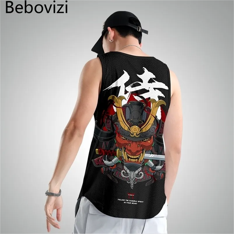 Japanse Stijl Samurai Tank Tops Mode Mouwloos Shirt Sportkleding Vest Casual Singlet Plus Size Mesh Tops Hip Hop Mannen 220601