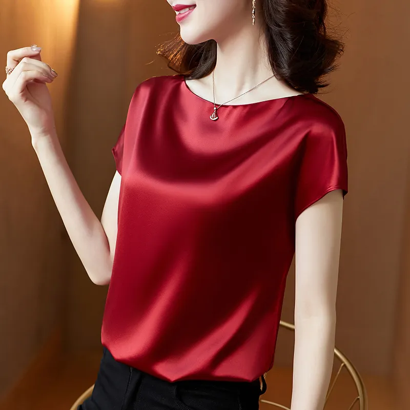 T-shirt femme été coréen mode soie t-shirts pour Vintage Satin hauts manches courtes lâche vert bureau dame chemises 230206
