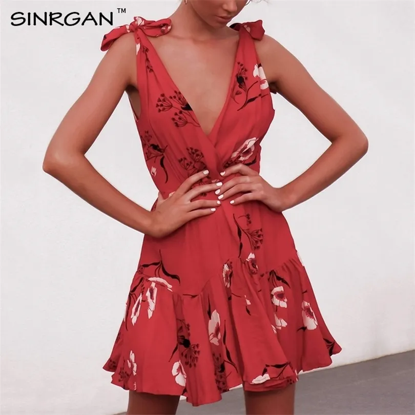 Sinrgan Sexig Vneck Red Flower Print Boho Women Mini Sundress Beach Summer Bow Tie High midja Wrap Casual Dresses T200604