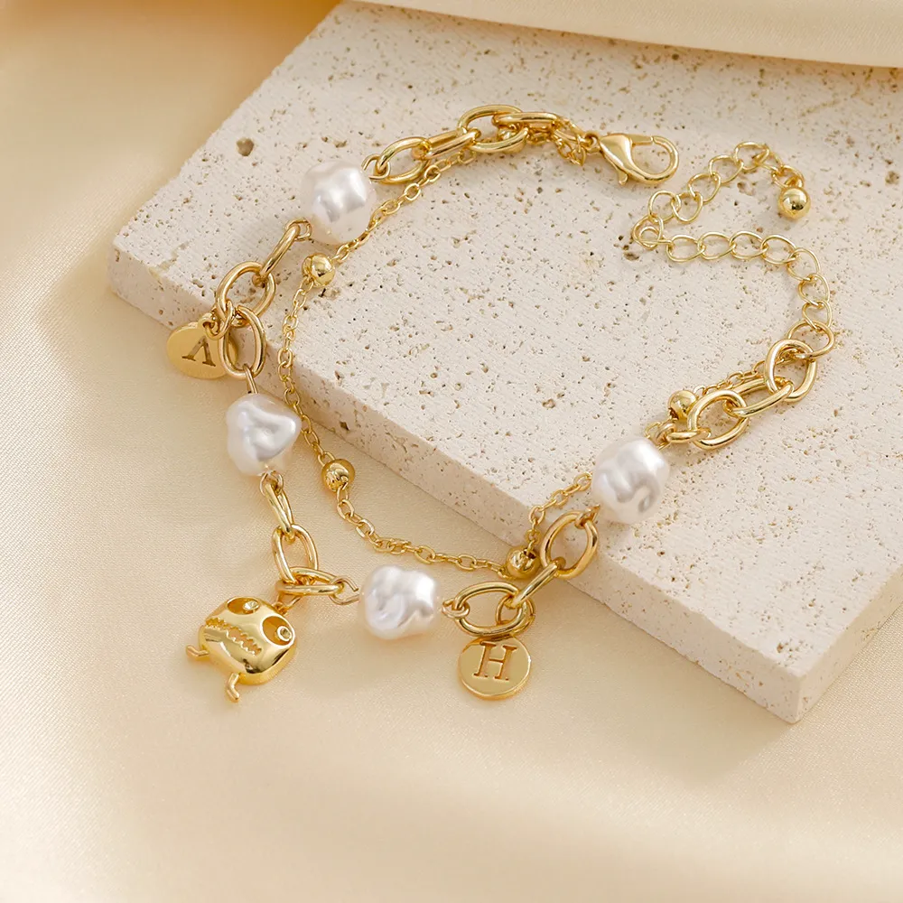 S2980 Fashion Jewelry Double Layer Chain Bracelet Irregular Pearl Beaded Letter Funny Ghost Pendant Chains Bracelets