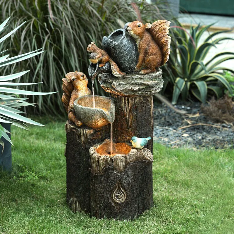 Gartendekorationen Outdoor Solar Ente Eichhörnchen Wasserbrunnen Harz Ornamente Schöne Statue für Bäume Blumen Blumenbeete Hof 230206