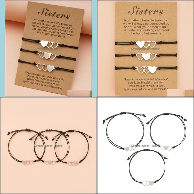 Friendship Couples 3pcs/set Love Heart stainless steel Sisters bracelet Bead Bangles Women Man Lucky Wish Jewelry
