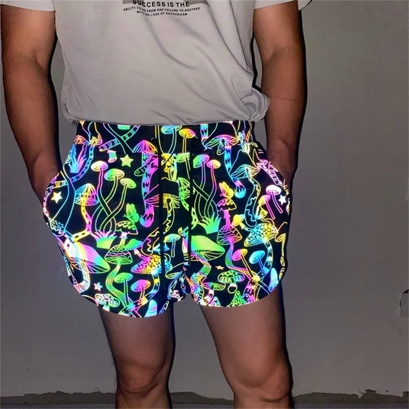 PARKLEES Mushroom Printed Colorful Reflective Mens Shorts Shiny Hip Hop Dance Fluorescent for Men Night Sporting Joggers 220621