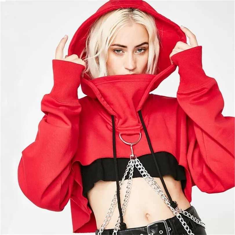 Women Hoodies Sexy Gothic Punk Chain Crop Top Hooded Pullover Sweatshirt Cosplay Casual Tops Plus Size 220812