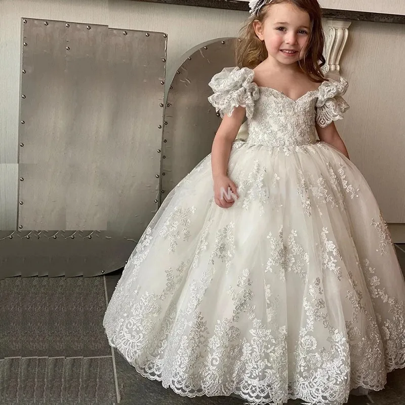 Flower Girl Dresses for Wedding Lace Off Shoulder Puffy Short Sleeve Communion Gown White Ivory Birthday Christening Dress