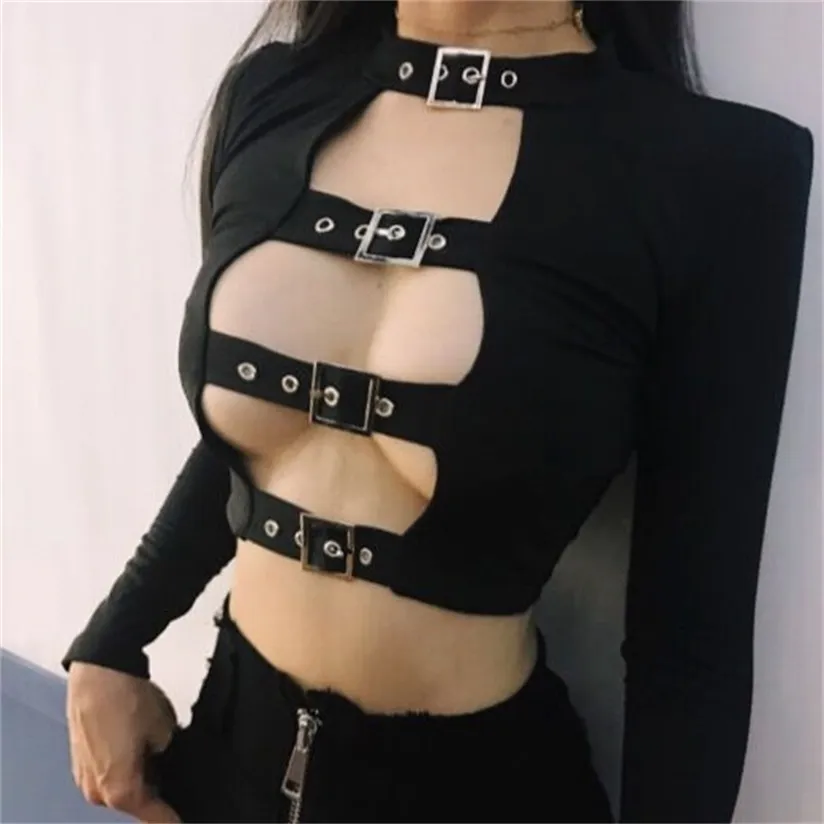 Sexig Choker Långärmad Rivet Crop Top Hollow Out Buckle Casual T Shirt Kvinna Plus Storlek S-3XL Short Tight Tee T-tröja 220328