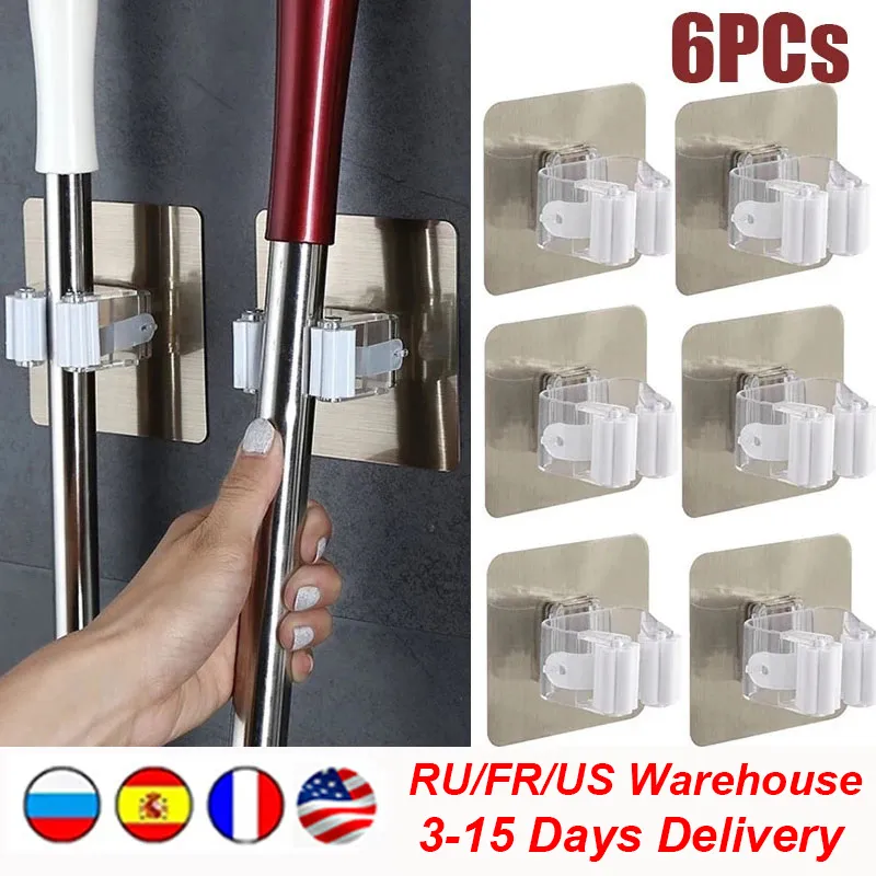 6pcs Porta mop a parete Ganci multiuso Appendiabiti autoadesivo Appendiabiti Cucina Bagno Organizzatore Forti ganci 220527