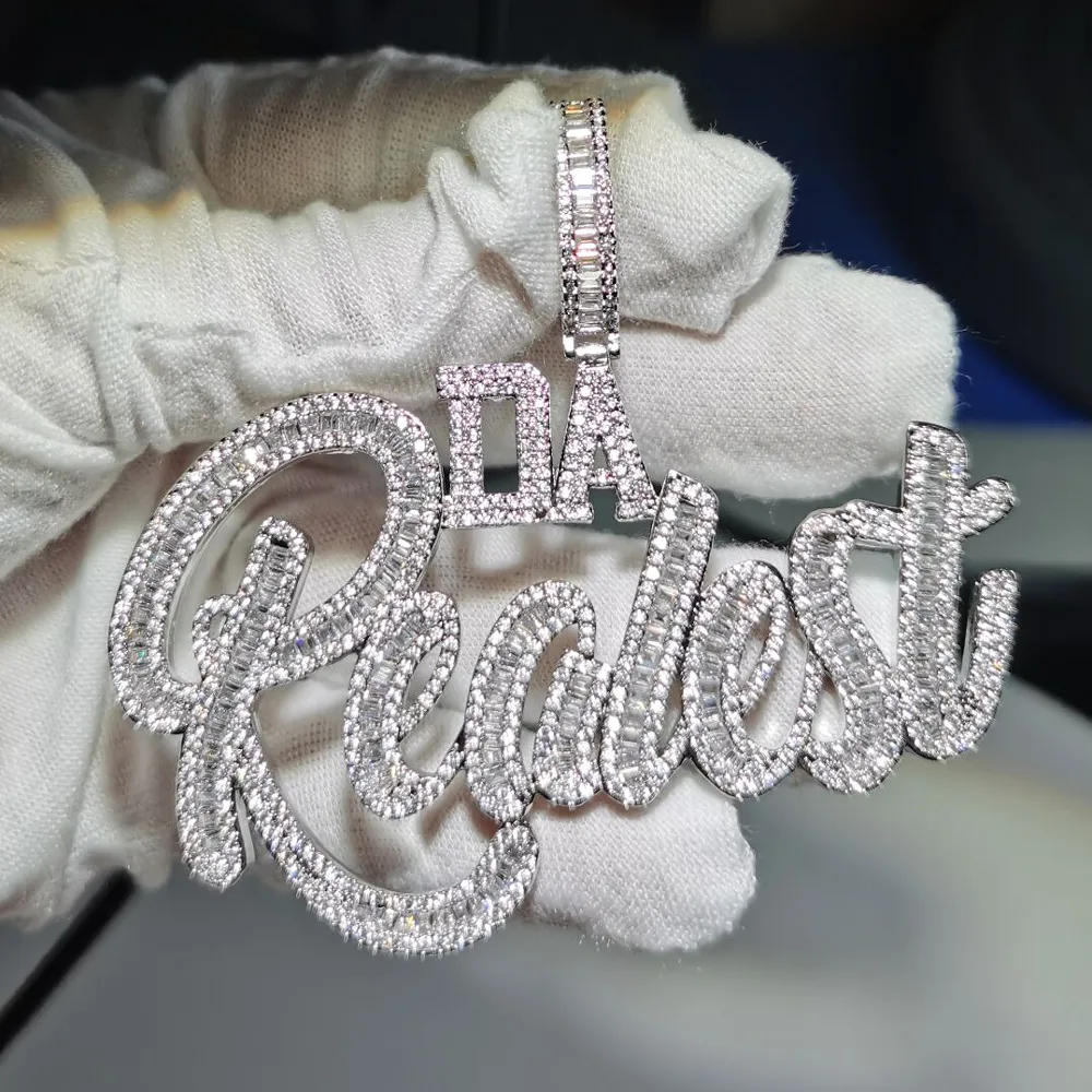 Iced Out Hiphop Baguette Letter Pendant Necklace For Men Micro Pave Bling 5A Cubic Zirconia Cuban Rope Chain Punk Rapper smycken