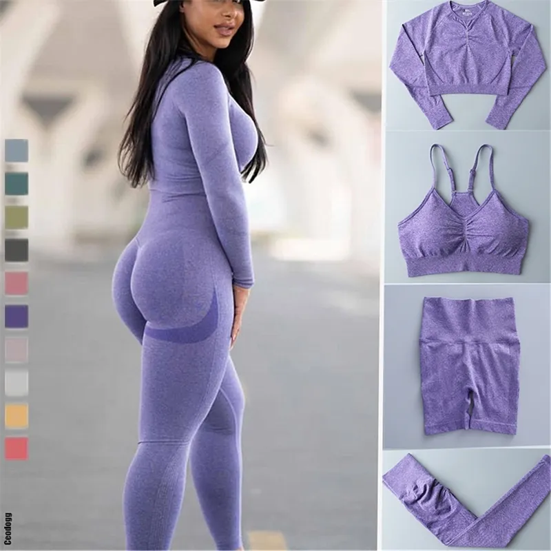 Bezproblemowy zestaw jogi trening trening sportowy Gym Ubranie Fitness Fitness Długie rękaw Top Scrunch Leleggingi wysokiej talii Bra Sport garnitury W220418