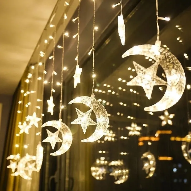 Moon Star Gordijn Lamp LED STRING Kerstlampen Decoratie Decoratie Vakantie Bruiloft Neon Lantern Fairy Light Y200603