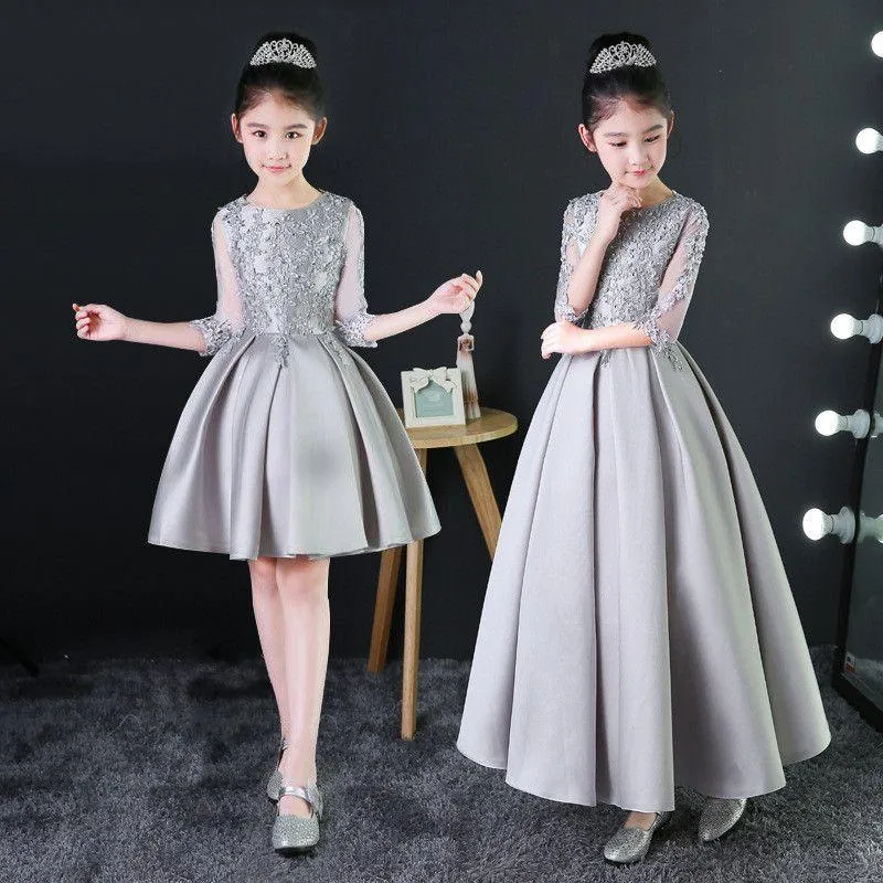 Girl's Dresses Baby Silver Princess Dress Appliques Kids Girls Formal Birthday Costume Hollow Out Pleated Prom Party Gown X01Girl's