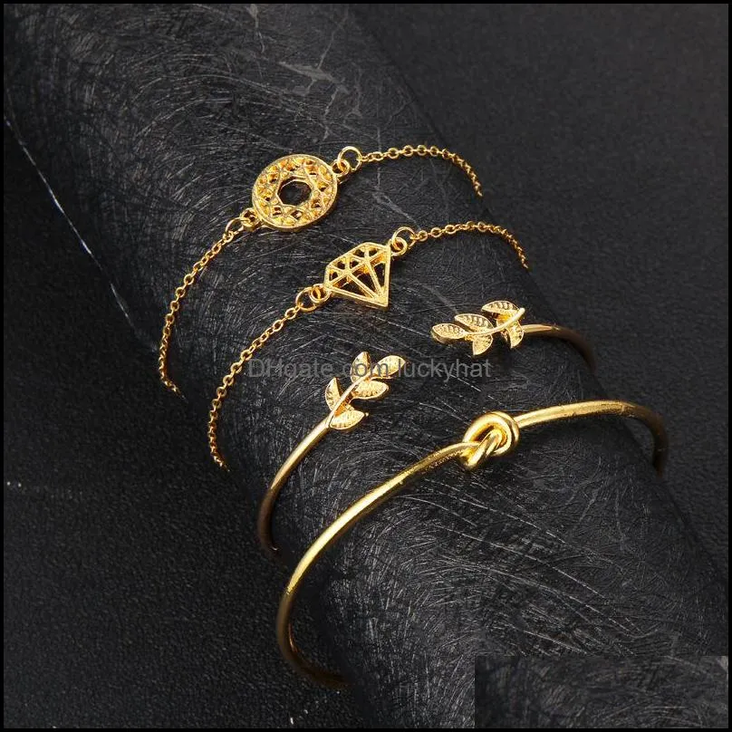 Vintage Bangle Bracelet Set, 4pcs Leaves Knotted Rainstone Stackable Open Cuff Bangle Bracelet Set for Women Girls