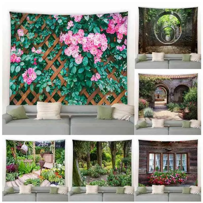 Outdoor Wall Tapestry Fence Pink Flowers Outdoor Wall Tapestry Vintage