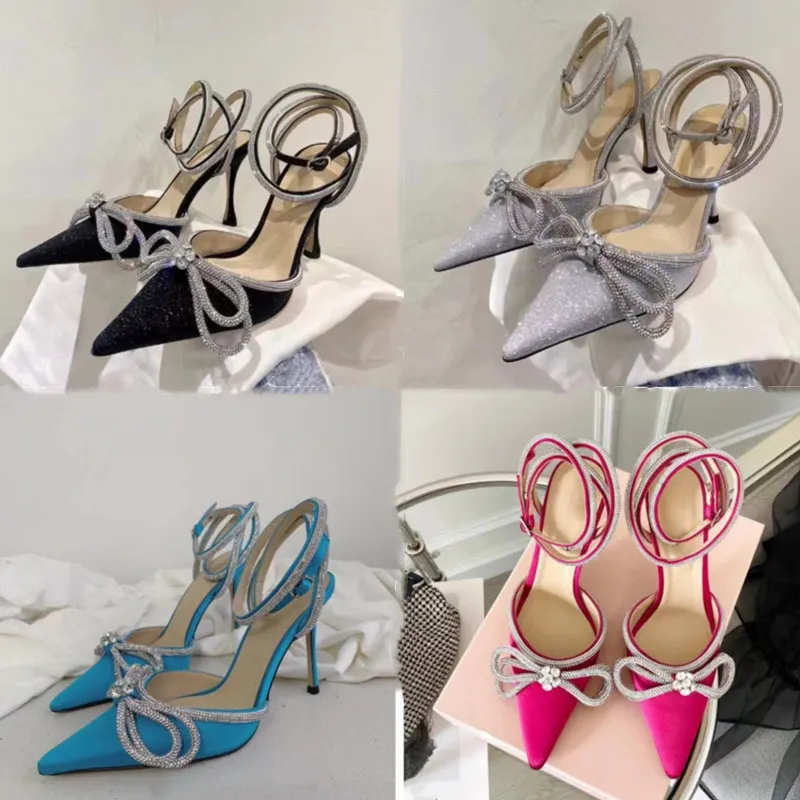 MachMach sandali con tacco alto per donna mach Satin Fashion Bow Scarpe eleganti Crystal Strass impreziosito Scarpa da sera Tacco a spillo Cinturino alla caviglia Designer sandalo