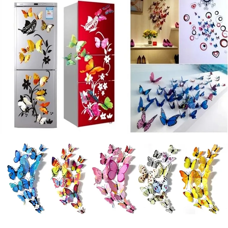 12 pezzi 3D farfalla adesivo da parete simulazione PVC stereoscopico farfalla adesivo murale magnete del frigorifero decalcomania di arte camera dei bambini decorazioni per la casa F0803