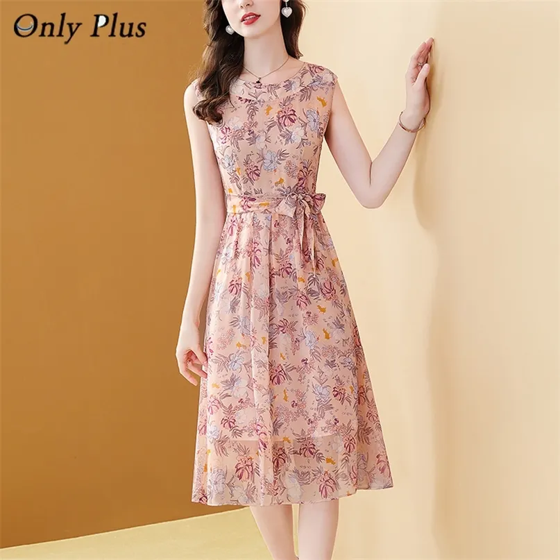 Bohemian Summer Chiffon Print Dress Kne-Length A-Line spets o-hals Elegant Pink Floral Printed Beach Style 220516