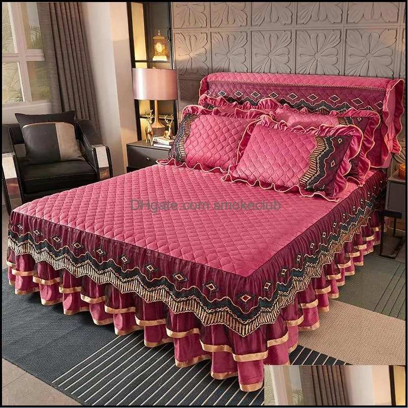 Bed Skirt Luxury Winter Crystal Velvet Thicken Quilted Bedspread King Queen Size Flannel Not Including Pillowcase