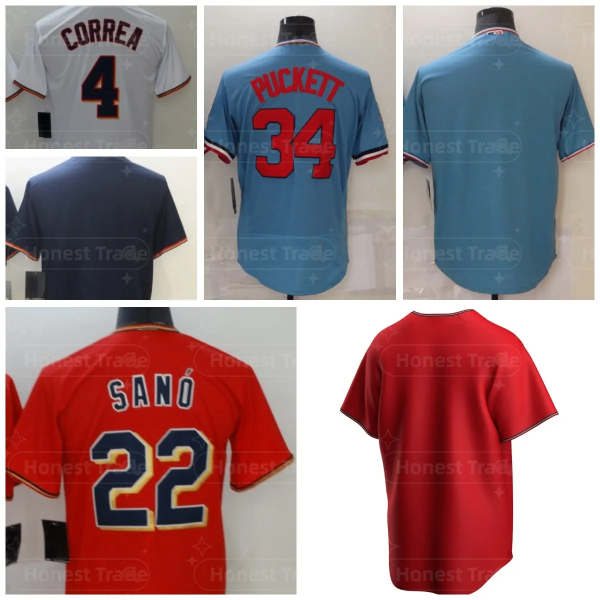 34 Kirby Puckett 남자 야구 저지 블루 22 Miguel Sano Red Carlos 4 Correa Minn Blank Jersey 품질 자수 셔츠 티셔츠