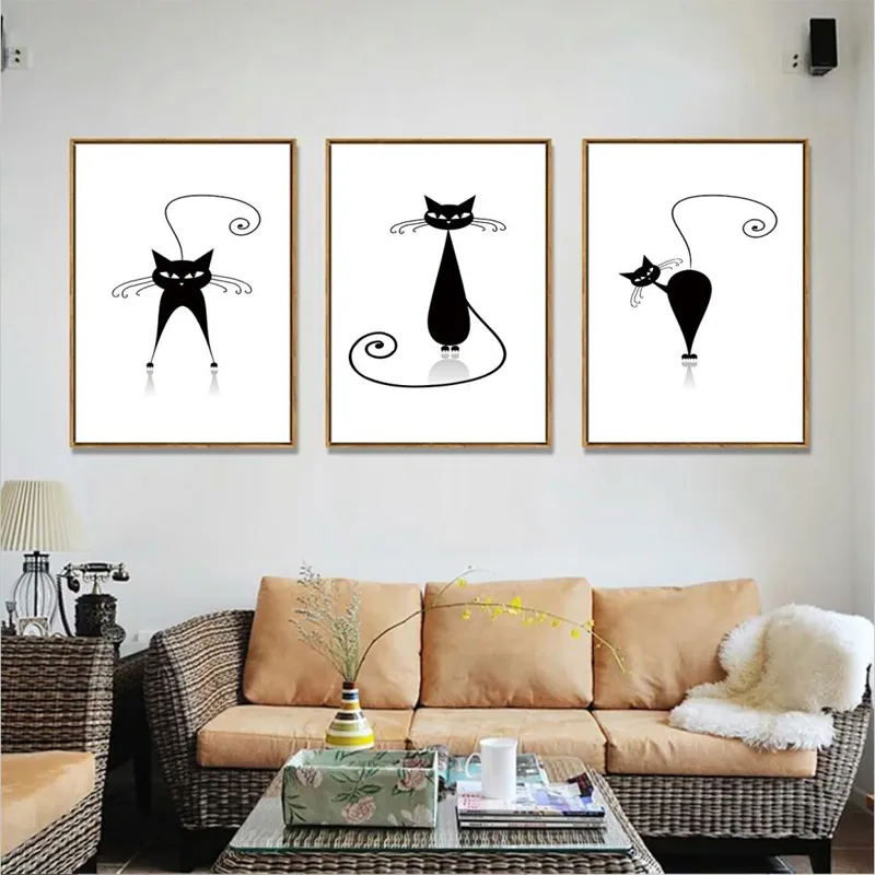 Gatto minimalista in bianco e nero Poster e stampe su tela Pittura scandinava in stile nordico Modern Nursery Kids Room Home Decor