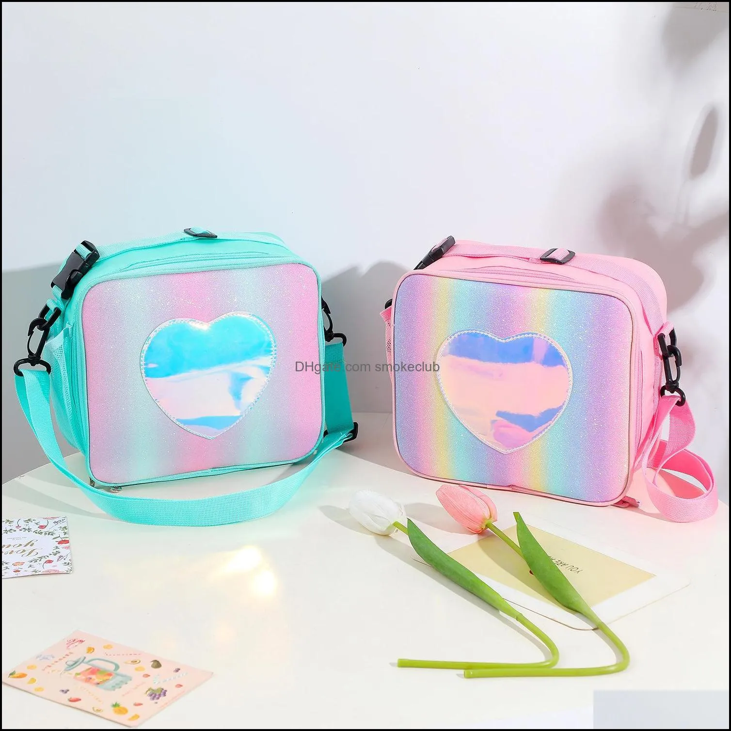 Kids Insulated Lunch Box Pink Blue Green Rainbow Laser Bento Bag for School BWD13610