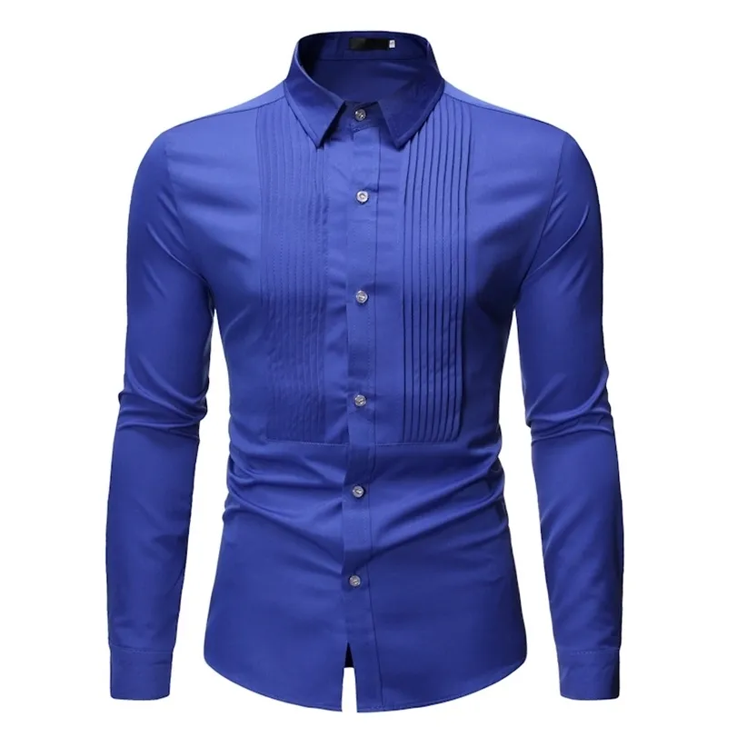 Chemise de smoking de mariage bleu Royal hommes marque de mode coupe ajustée à manches longues hommes chemises habillées affaires décontracté Chemise Homme 220324