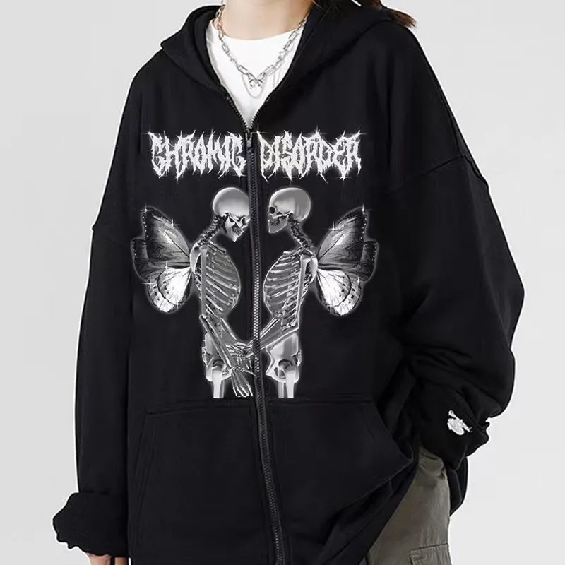 Herrjackor Men Y2K Aesthetic Gothic Hoodie Halloween Graphic Skeleton Print Long Sleeve Zip Up Sweatshirts Jacket 90s Coat Streetwe