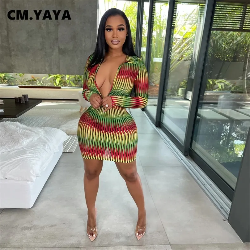 CM.YAYA Frauen Regenbogen Gestreiften Drehen-unten V-ausschnitt Bodycon Midi Langarm Kleid Sommer Sexy Party Club Mini Vestidos Kleider 220516